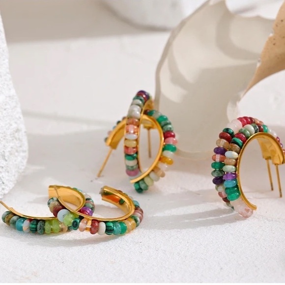 18K Gold Plated *Bohemia Natural Stone* Hoop Earrings - Picture 2 of 8